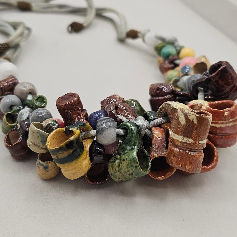 Vintage Folk Art Pottery Mug Bead Necklace Ceramic Tankard Bib Statement Boho - Picture 4 of 14